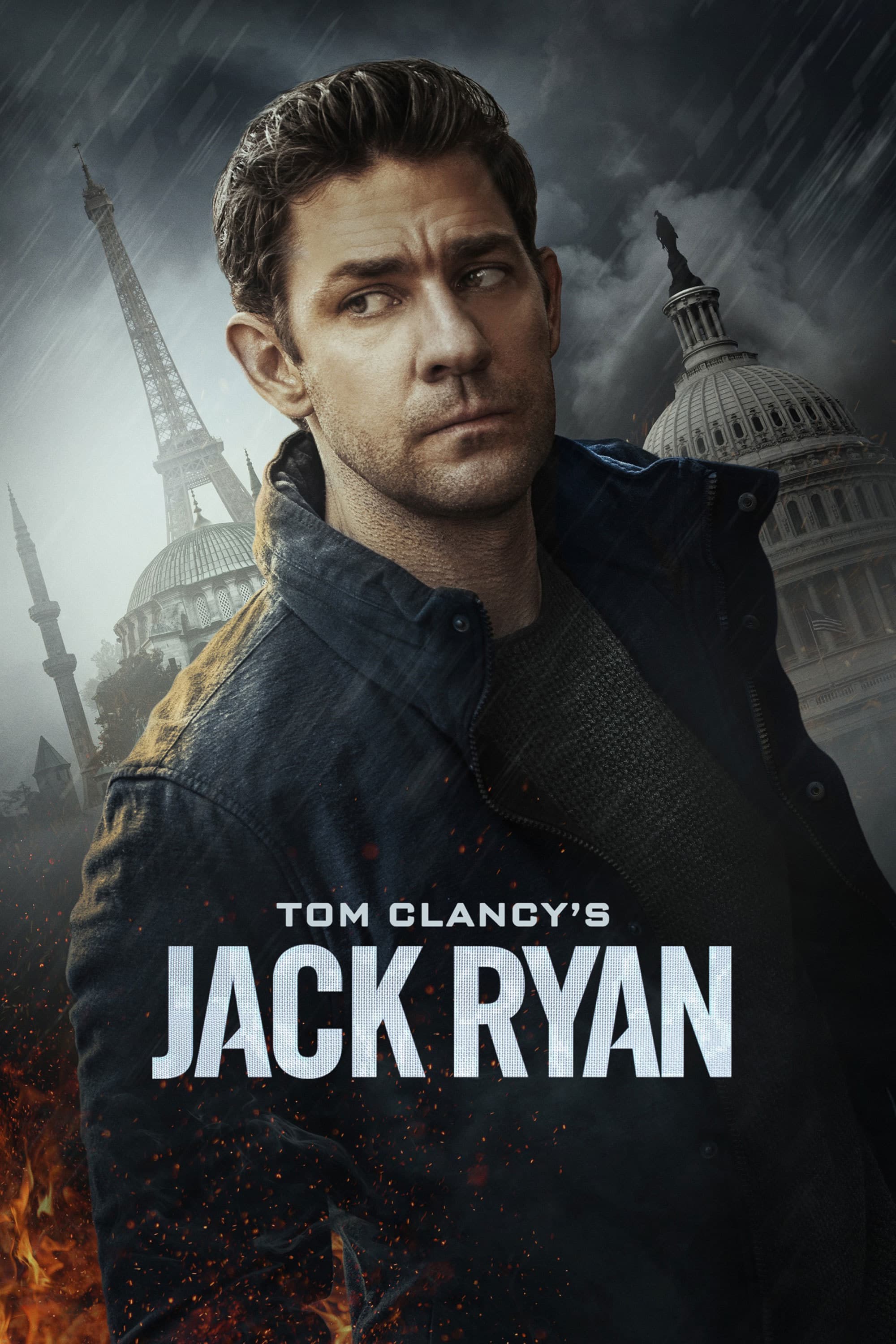 John Krasinski as Jack Ryan stands before the Eiffel Tower and the US Capitol.