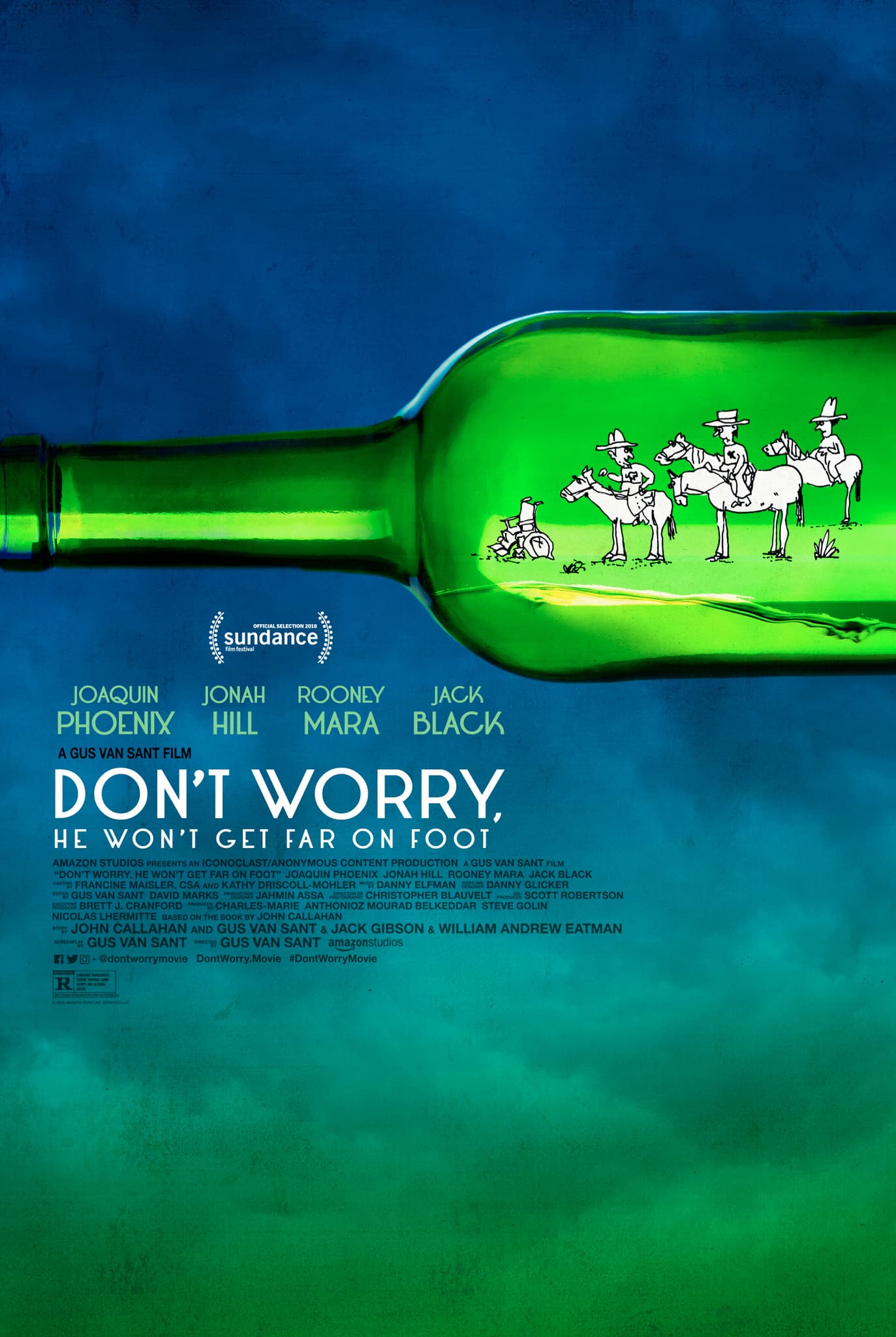 Movie poster featuring a green bottle containing a cartoon of cowboys and an empty wheelchair.