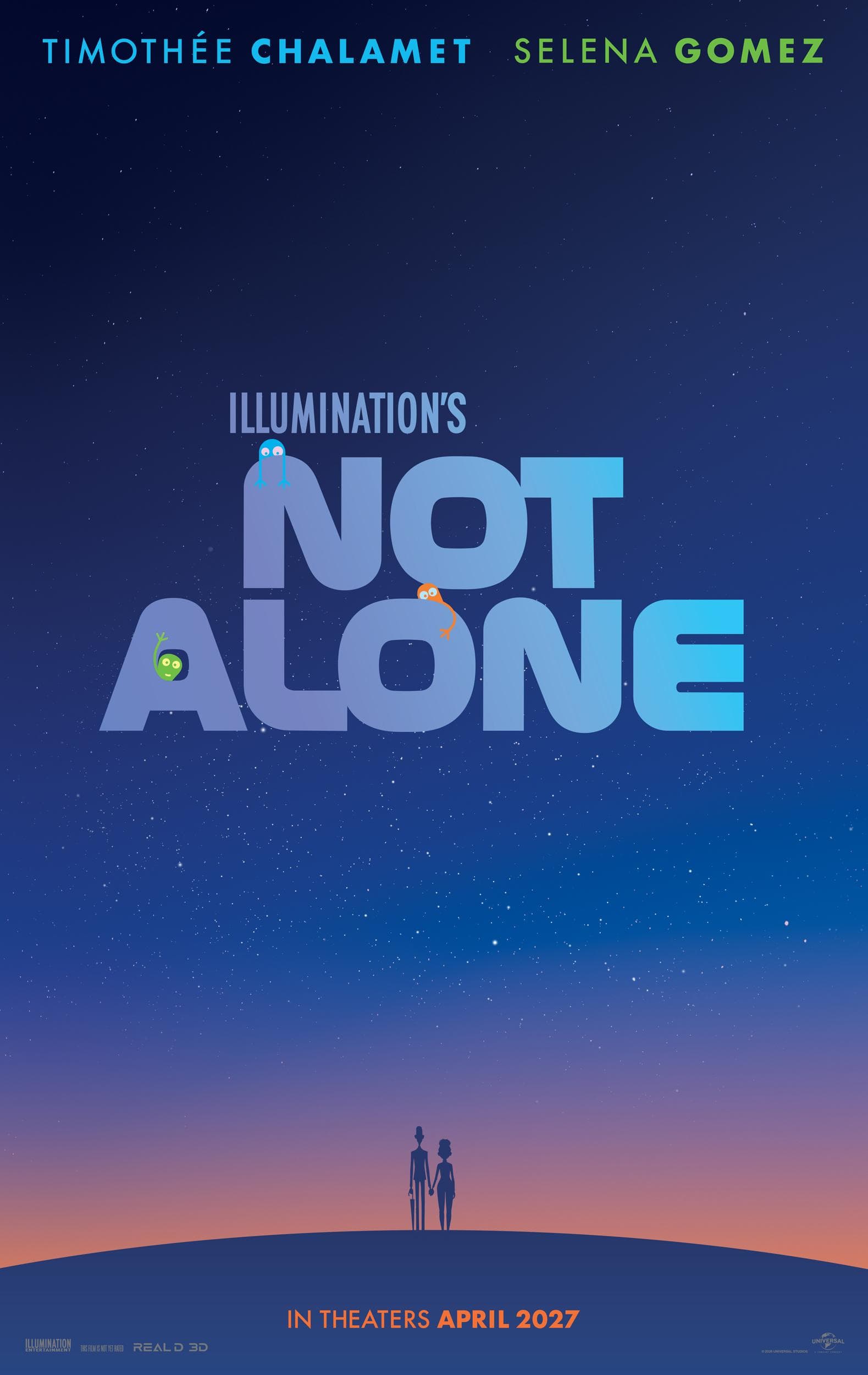 Movie poster for "Not Alone" featuring silhouettes of a couple against a starry night sky.