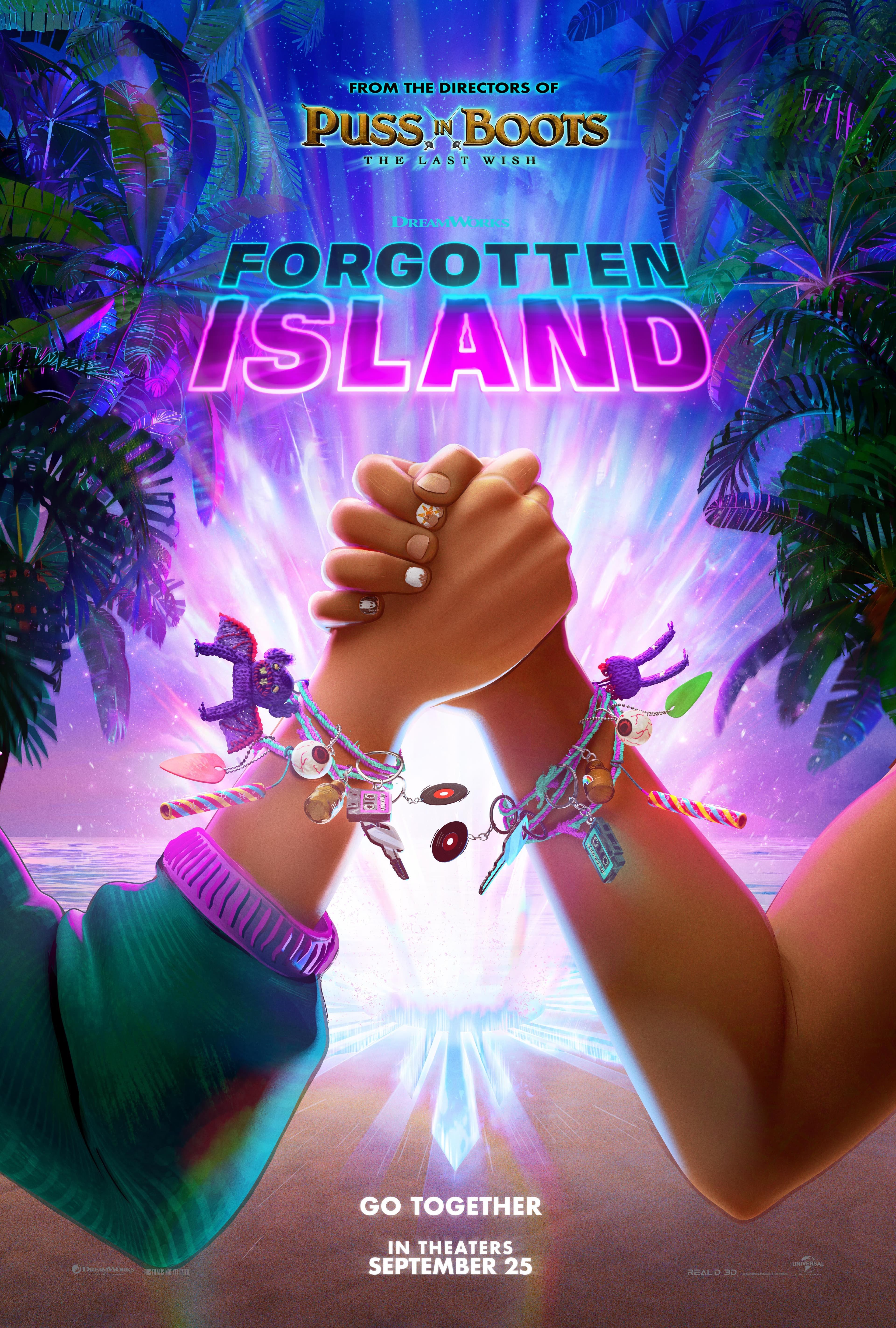Two arms with colorful charm bracelets clasp hands against a glowing, neon tropical island.
