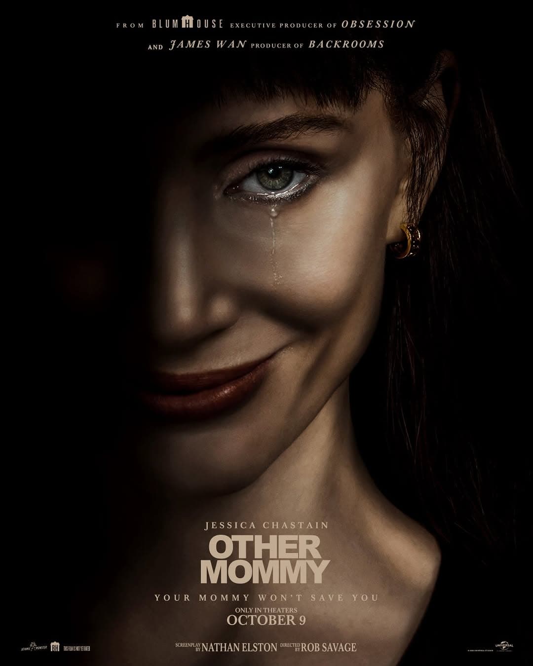 Poster for Other Mommy featuring Jessica Chastain's shadowed face with a sinister smile and tear.