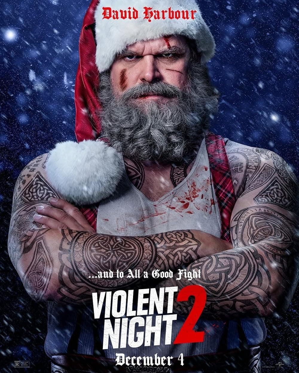 David Harbour as a gritty, tattooed Santa Claus with facial scars and blood-stained clothing.