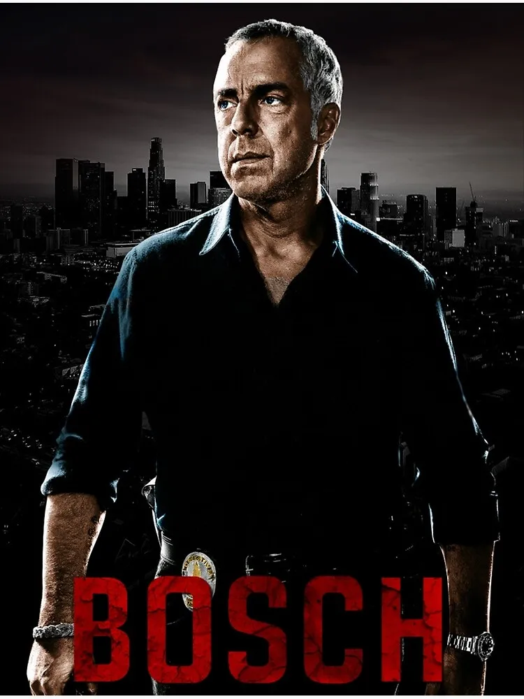 Titus Welliver as Harry Bosch before a dark Los Angeles skyline with red title text.